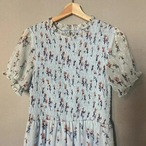 Aura Tiered Smocked Midi Dress Size S Blue Floral Cottagecore Flowy